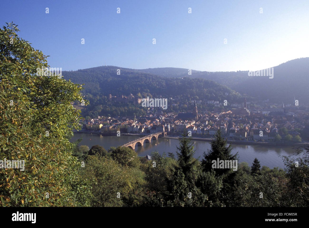 DEU, Allemagne, Heidelberg, vue depuis le vieux pont à l'Philosophenweg sur la rivière Neckar et à la partie ancienne de la ville Banque D'Images