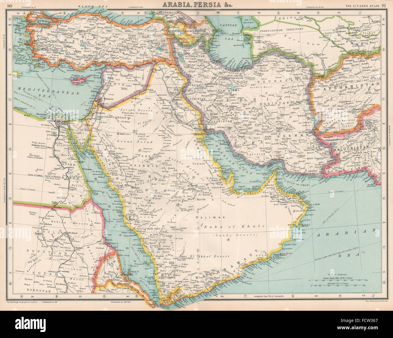 Moyen-orient:Saoudite (pas de frontières) Perse Syrie/Liban unified Mer Rouge, 1924 La carte Banque D'Images