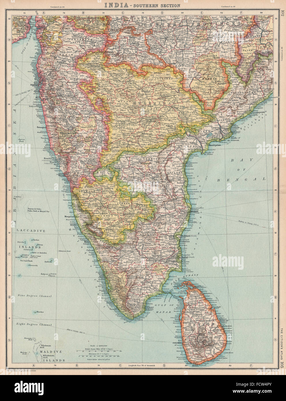Le sud de l'Inde & Ceylan (SRI LANKA) : Mysore Madras (Chennai) Hyderabad, 1924 map Banque D'Images