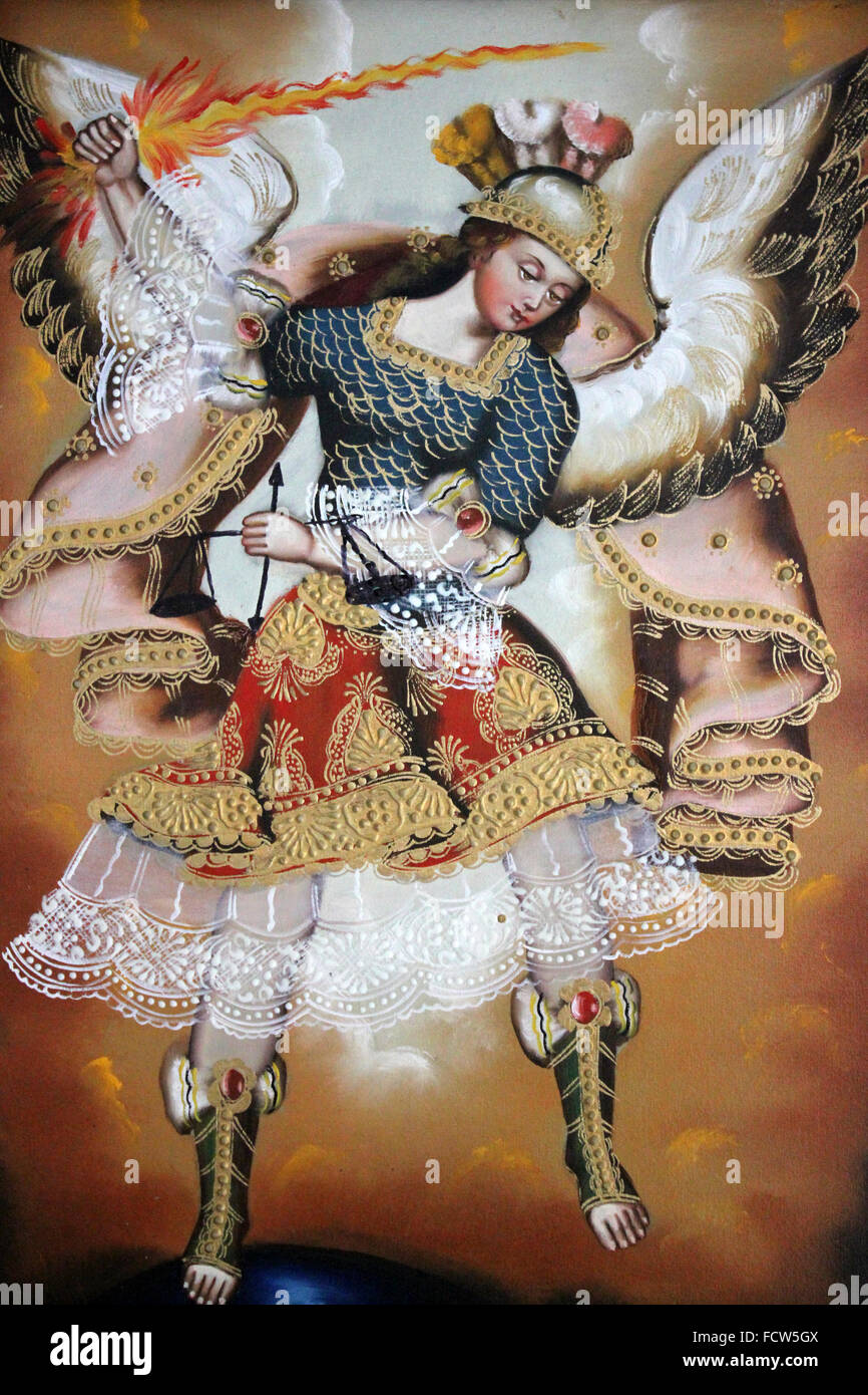 La peinture religieuse péruvienne de l'Archange Uriel tenant une épée ardente Banque D'Images
