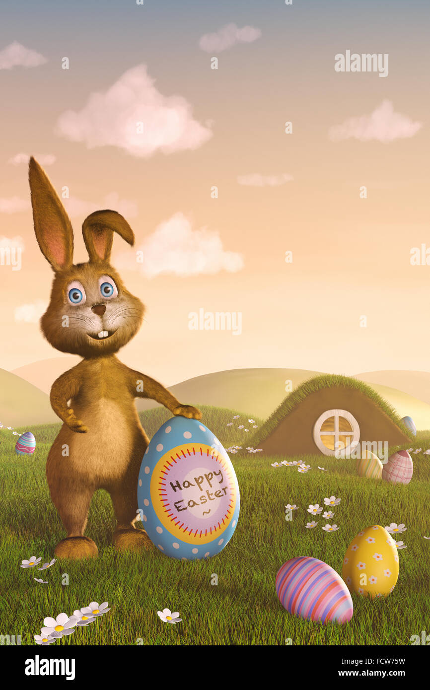 Un mignon petit lapin de Pâques tenant un œuf avec les mots 'Joyeuses Pâques'. Banque D'Images