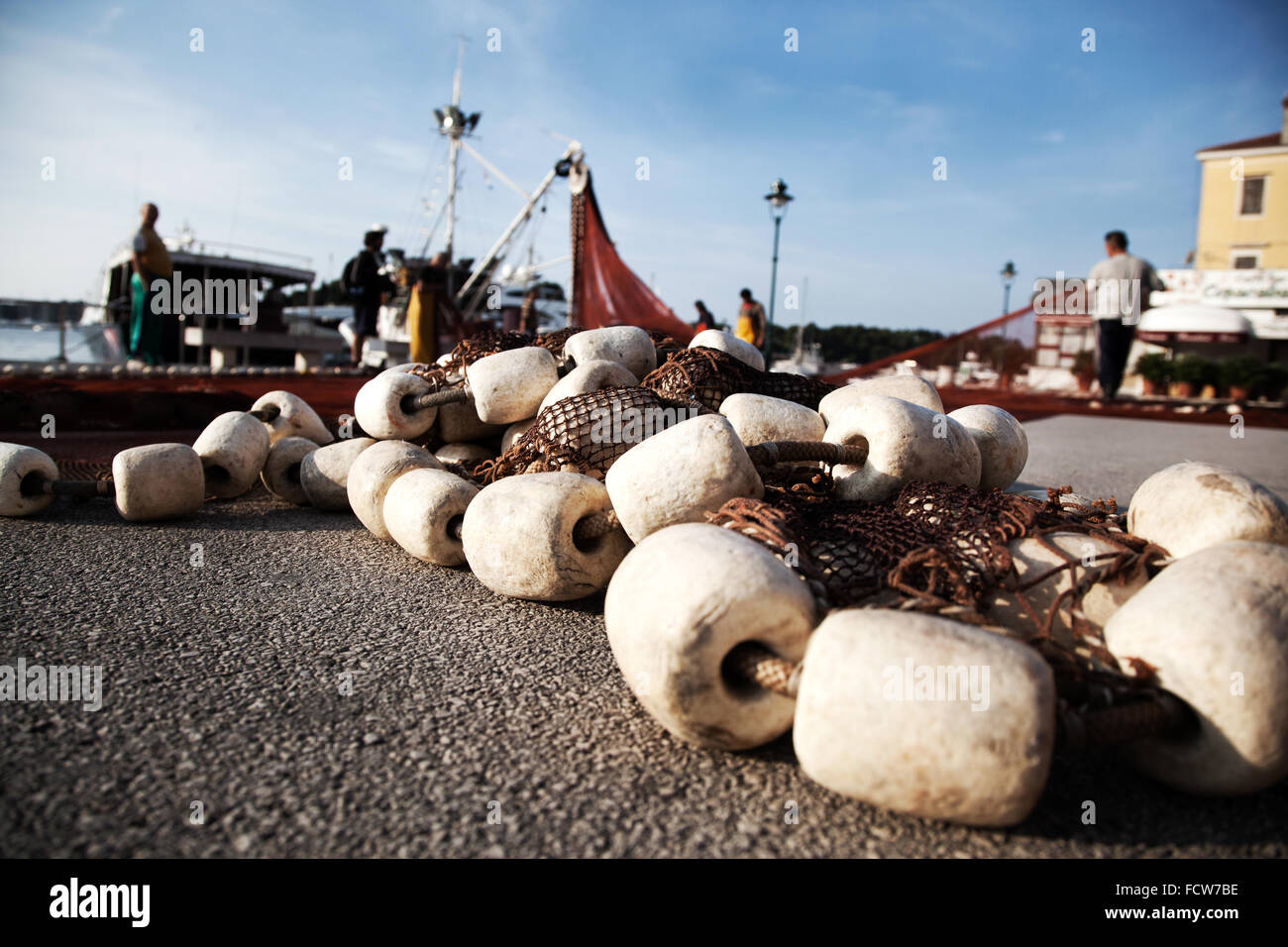 Les filets de pêche dans le port de Rovinj, Croatie Banque D'Images