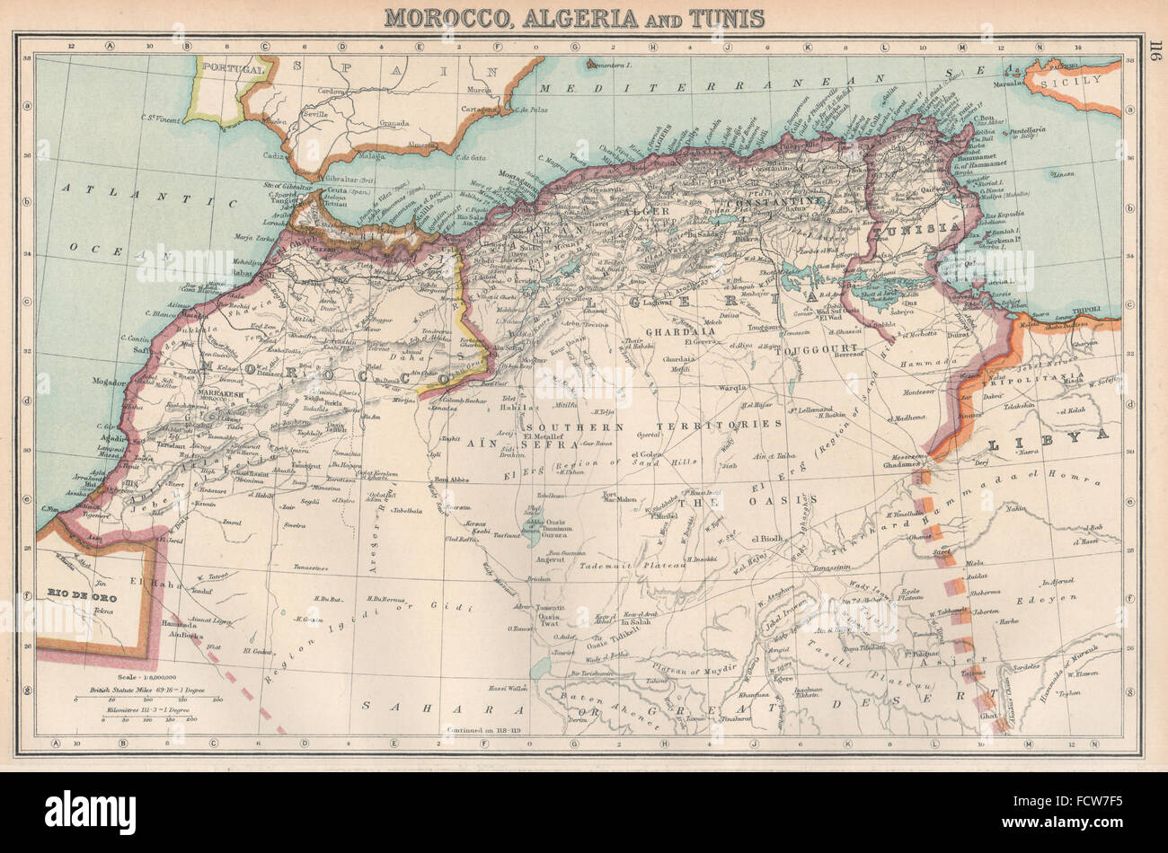 Afrique du Nord : Maroc, Algérie et Tunisie. Frontières non résolus. BARTHOLOMEW 1924 map Banque D'Images