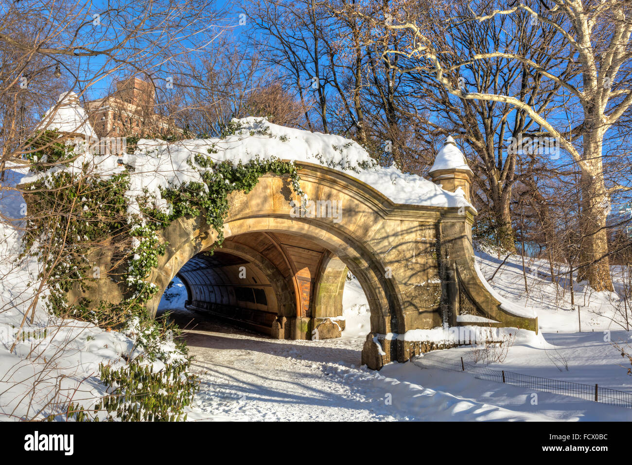 Meadowport stone arch arch double tunnel et le matin après la tempête de 2016 à Prospect Park, Brooklyn, New York. Banque D'Images