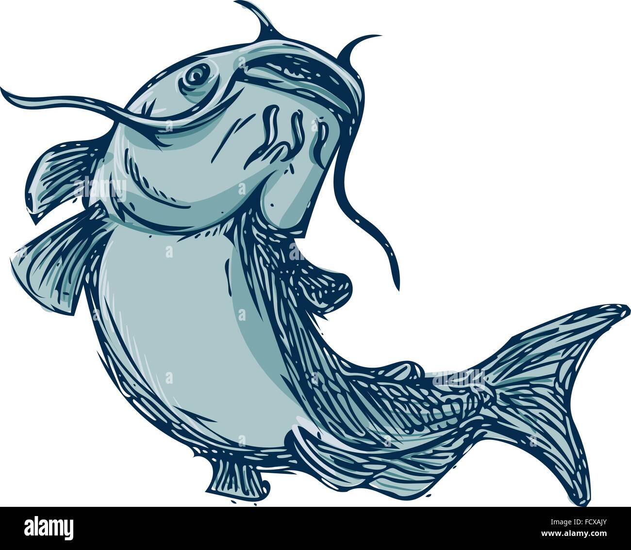 Styleillustration croquis dessin d'un poisson à nageoires aussi appelé poisson-chat, chat de boue ou polliwogs chucklehead sauter de haut situé sur Illustration de Vecteur
