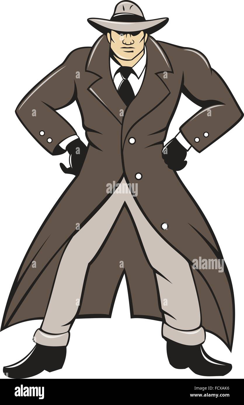 Illustration d'un détective portant chapeau et imperméable avec mains akimbo vue de l'avant ensemble isolées sur fond blanc fait dans un style de dessin animé. Illustration de Vecteur