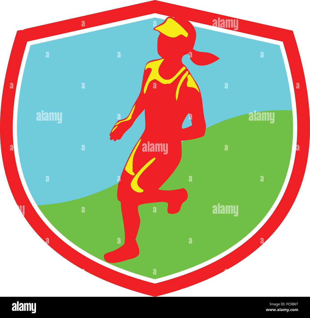 Illustration du marathon féminin triathlète runner tournant situé à l''intérieur de la crête de l'écran sur fond isolé fait en style rétro. Illustration de Vecteur