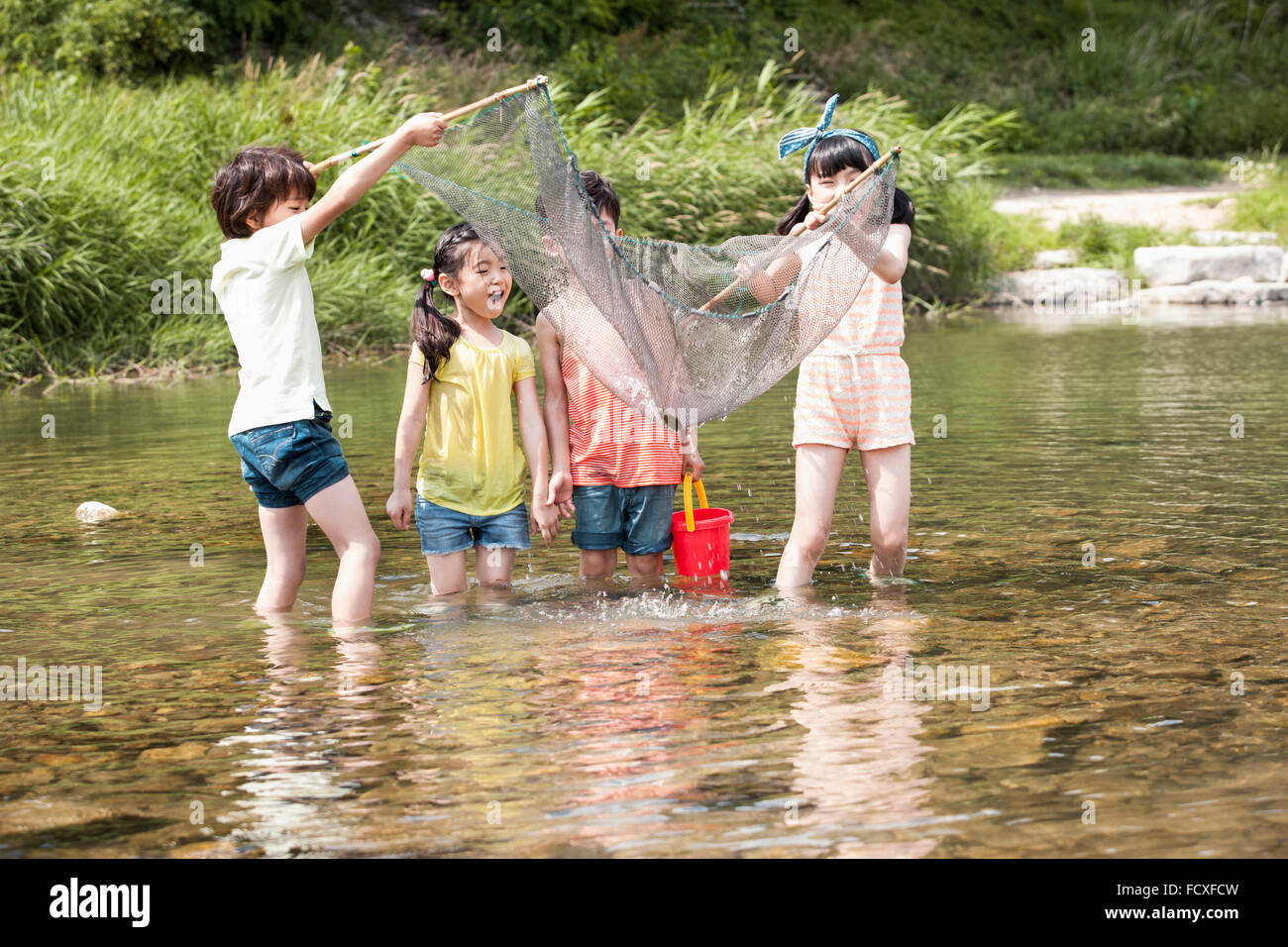 Quatre enfants s'amusant pour les vacances d'été dans l'eau du ruisseau tenant un filet de pêche et d'un godet Banque D'Images