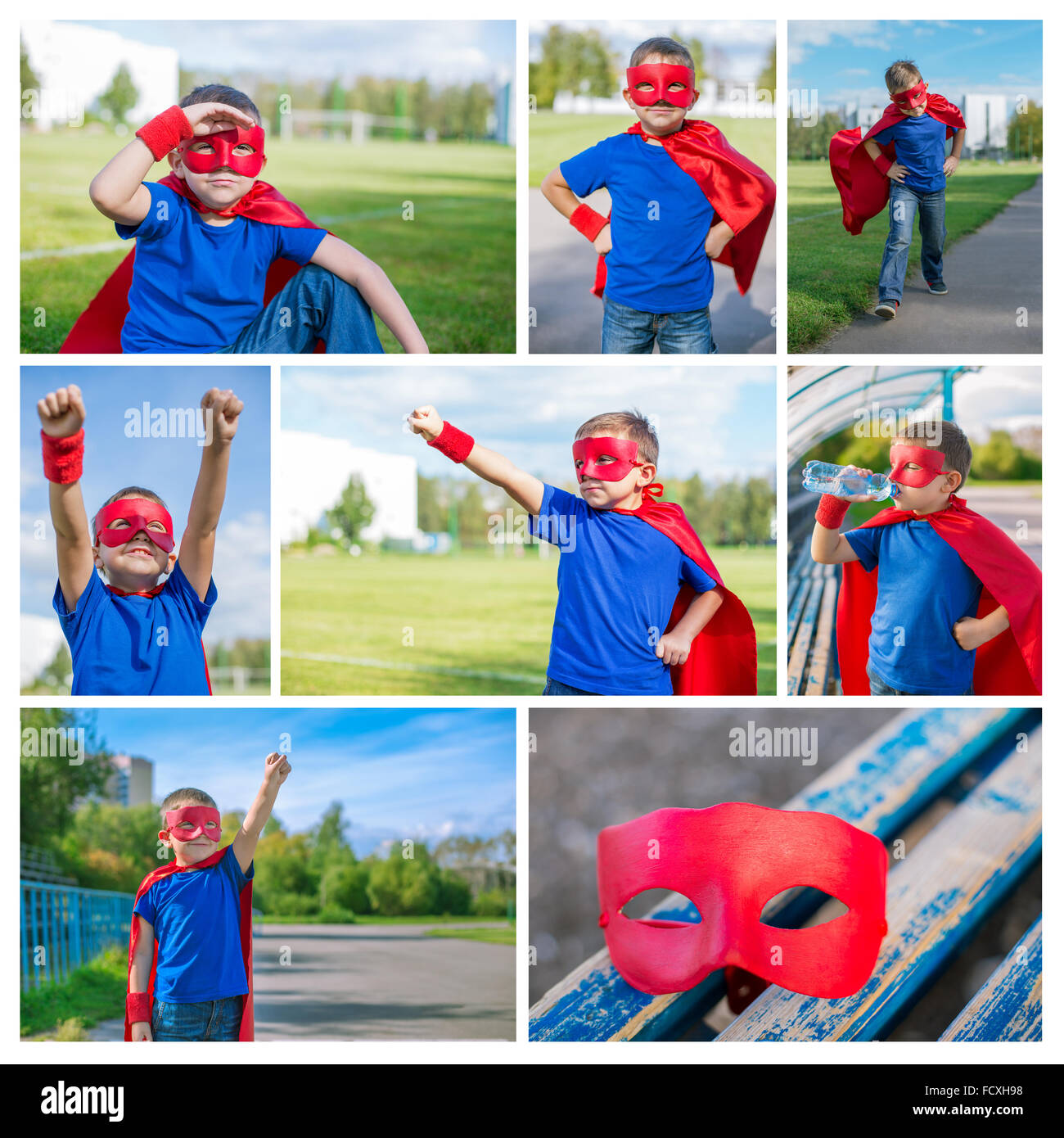 Collage Photo de garçon vêtu de cape et masque. Set pour livret sur les jeux des enfants et le courage Banque D'Images