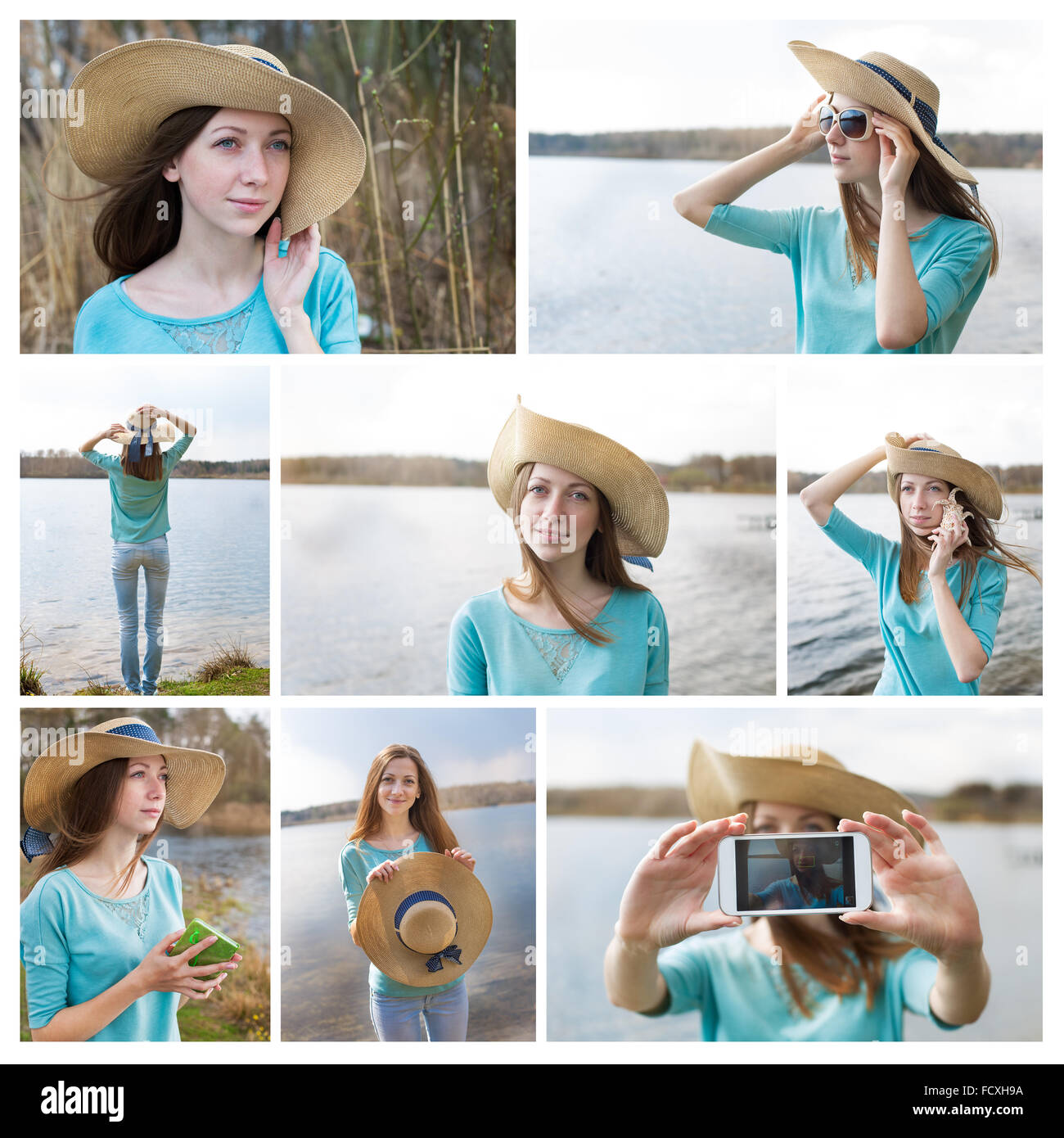 Collage Photo de happy girl in hat au lac par un jour de vent. Set pour livret sur Voyage et vacances Banque D'Images