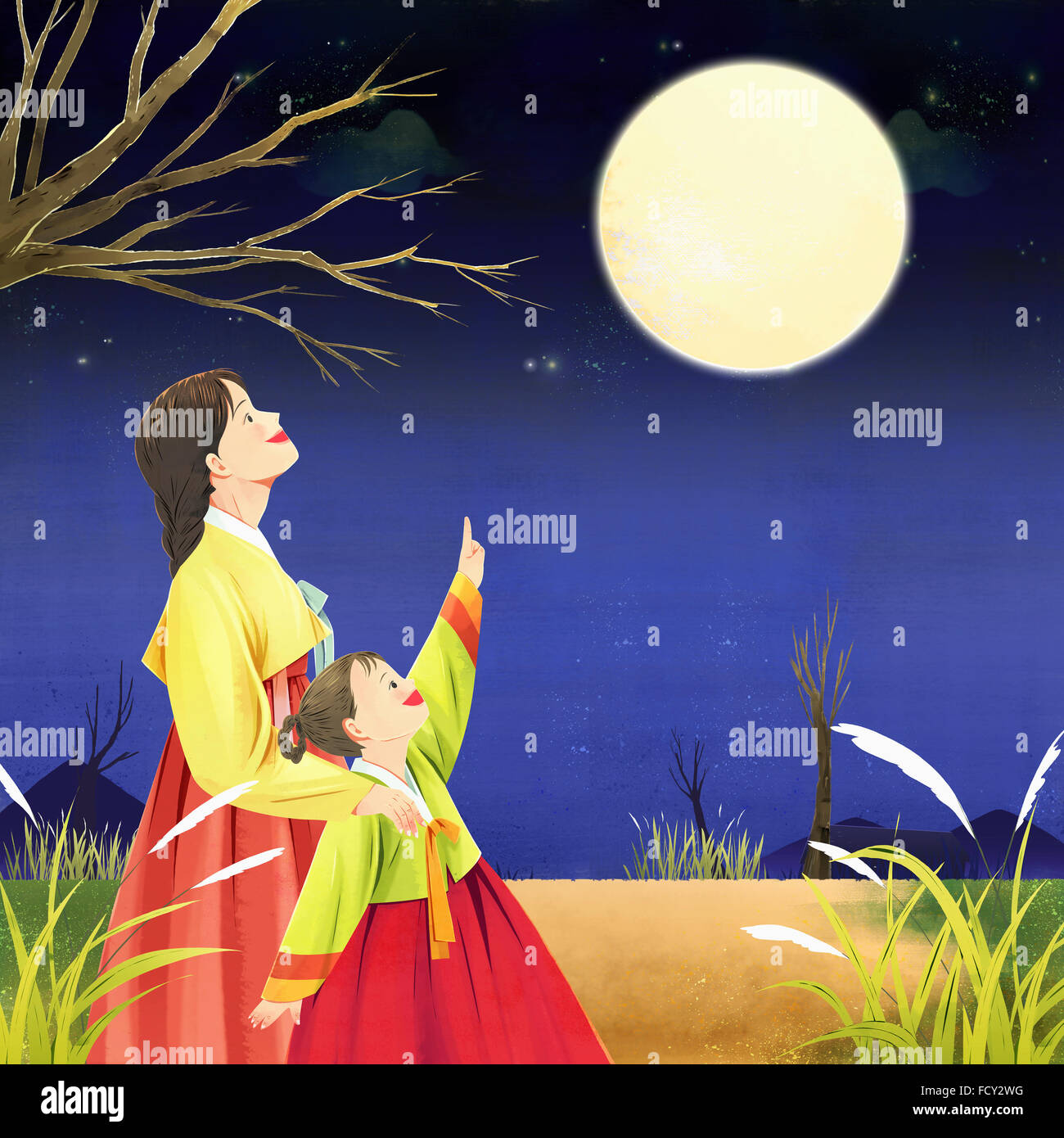 Illustration représentant Korean thanksgiving day journée en famille à l'automne Banque D'Images