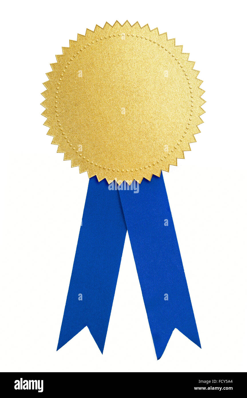 Sceau d'or ou médaille et isolé du ruban bleu Banque D'Images