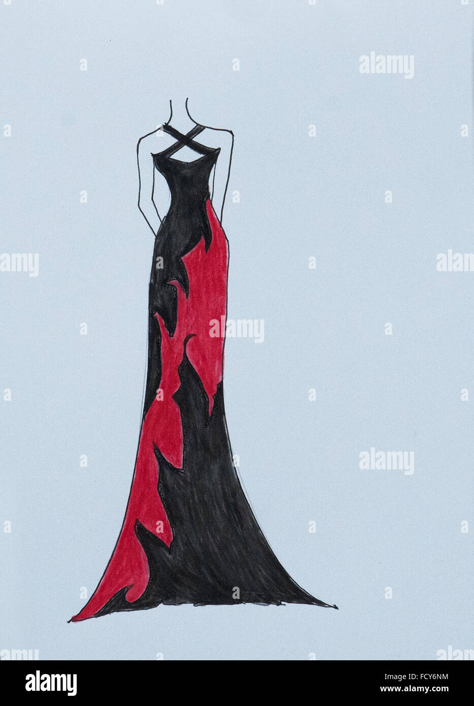 Croquis de mode artisane, mode de tirage, femme élégante robe longue robe, robe de soirée en couleur noir avec motif abstrait rouge Banque D'Images