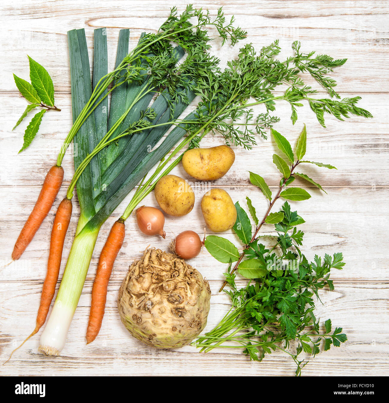Les légumes frais. Une saine alimentation biologique. Poireau, carotte, oignon, persil, pommes de terre, Céleri, Feuilles de laurier bay Banque D'Images