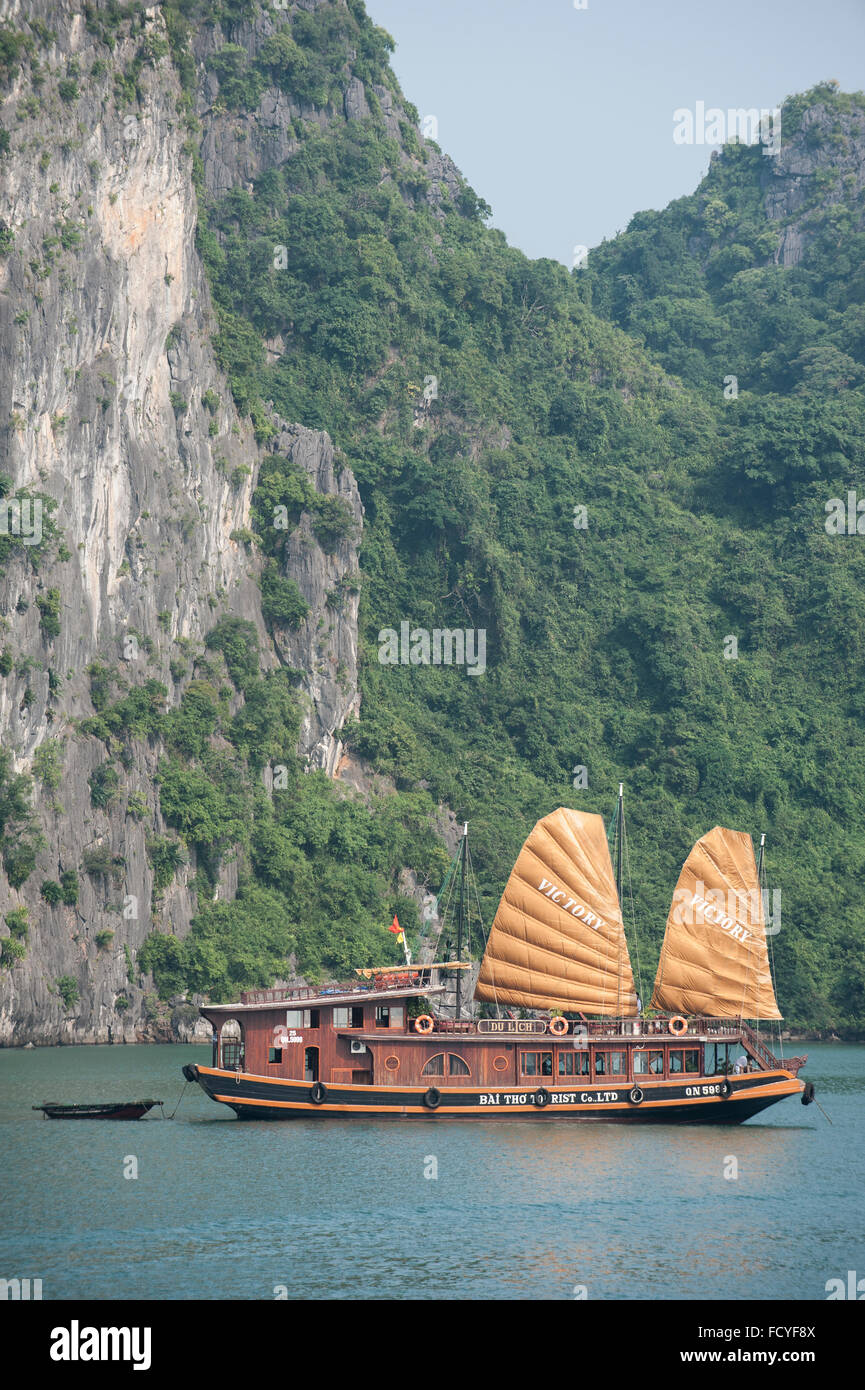 Hạ Long Bay, dans le nord-est du Vietnam, est connu pour ses eaux claires et ses îles calcaires. Banque D'Images