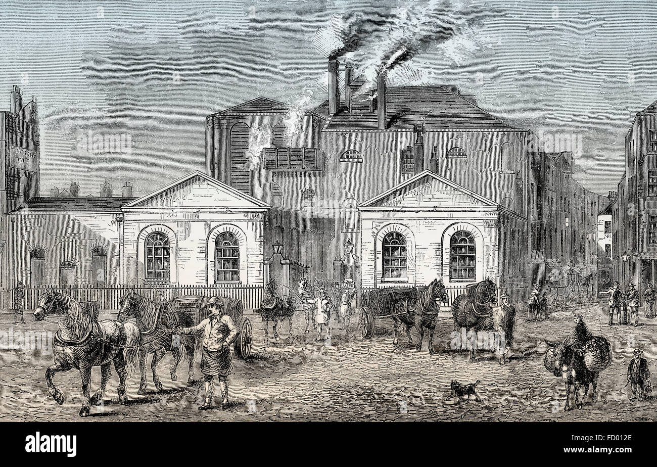 Scène de rue à Londres, Meux's Horse Shoe Brewery, Tottenham Court Road en 1830, une brasserie de l'anglais dans le centre de Londres, Angleterre Banque D'Images
