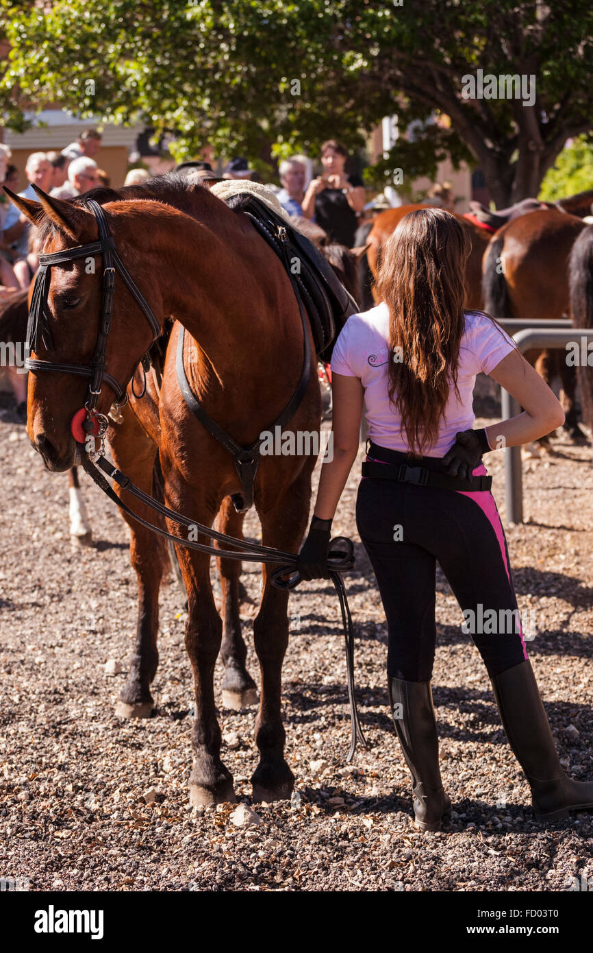 Les cavaliers et les chevaux dans le corral à la Fiesta de San Sebastian, La Caleta, Costa Adeje, Tenerife, Canaries, Espagne. Banque D'Images
