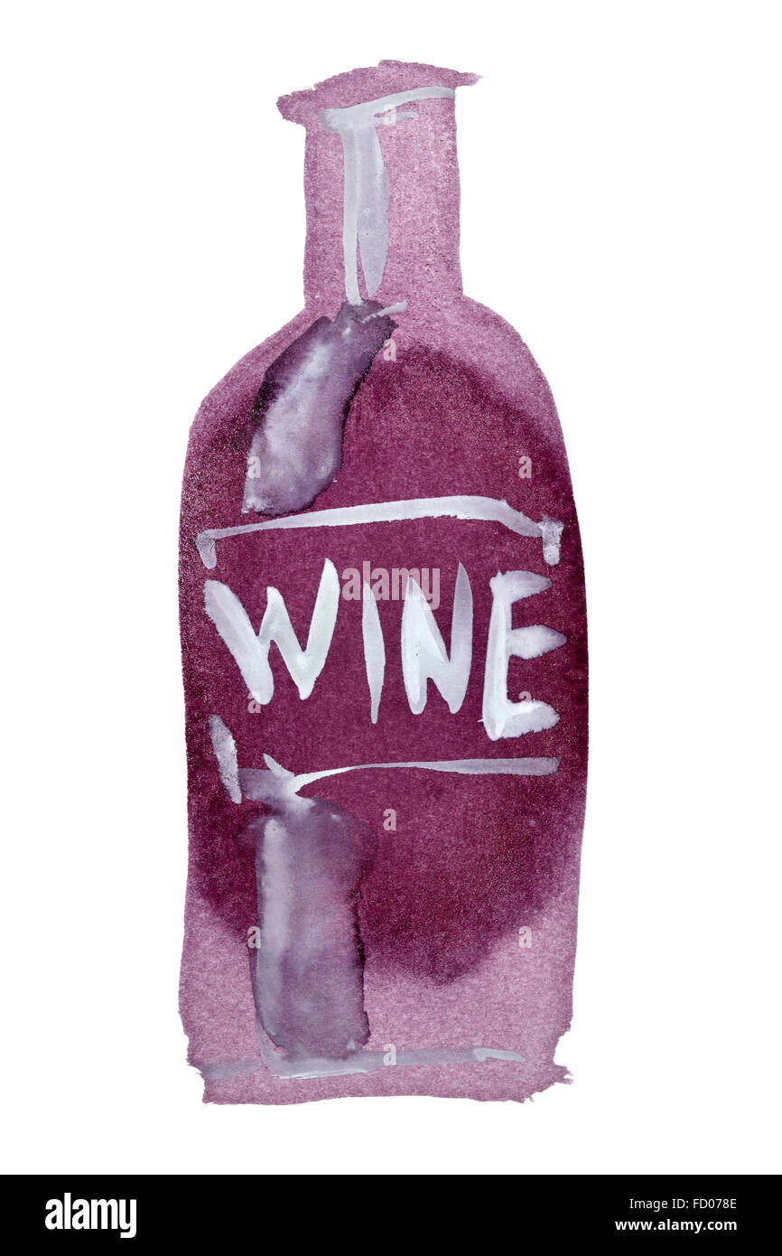 Bouteille de vin isolé sur le fond blanc peint en rouge vin et aquarelle Banque D'Images