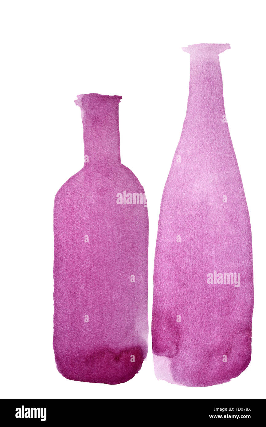 Silhouettes de deux bouteilles de vin isolé sur le fond blanc peint dans du vrai vin rouge Banque D'Images