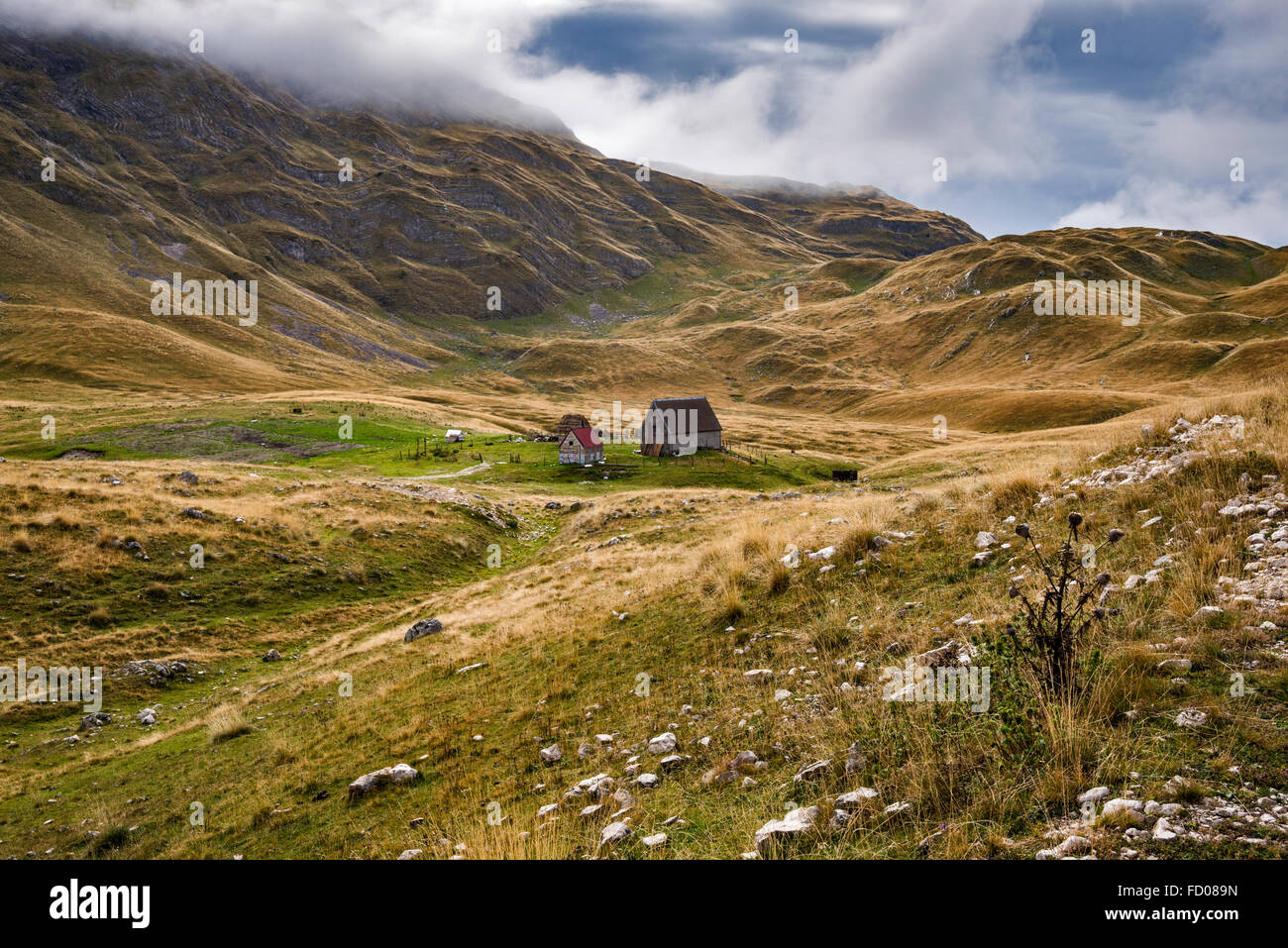 Les nuages bas plus de chalets à pâturages de Piva Plateau, le Durmitor montagnes dans le parc national de Durmitor, Alpes dinariques, Monténégro Banque D'Images