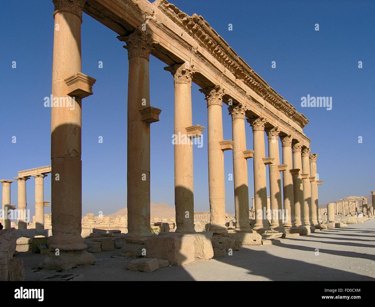 La Grande Colonnade ruines de l'Empire Romain dans l'ancienne ville sémitique de Palmyre 16 juin 2006 dans l'actuelle Syrie, Homs, Tadmur. Découvertes archéologiques la ville date de la période néolithique et il a été détruit par des militants de l'État islamique en 2015. Banque D'Images