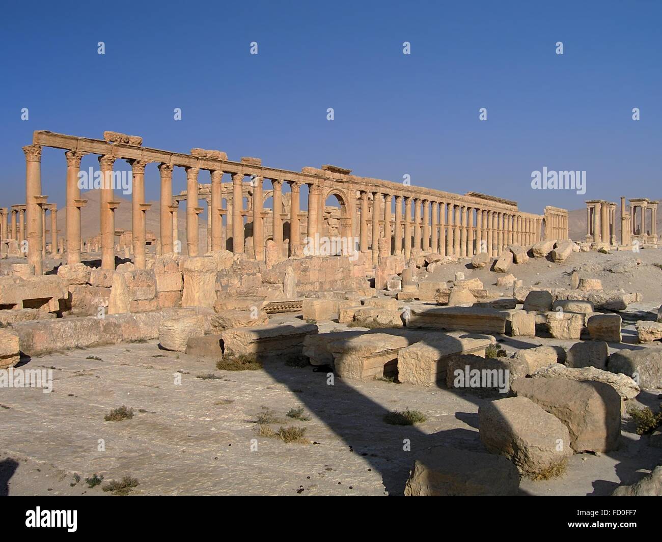 La grande colonnade de l'Empire romain et ruines de l'ancienne ville sémitique de Palmyre 16 juin 2005 dans l'actuelle Syrie, Homs, Tadmur. Découvertes archéologiques la ville date de la période néolithique et il a été détruit par des militants de l'État islamique en 2015. Banque D'Images