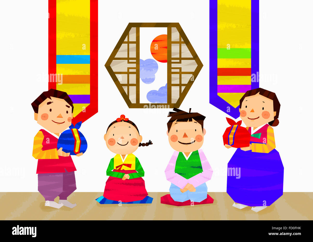 Arrière-plan de Chuseok en famille en costumes traditionnels coréens Banque D'Images