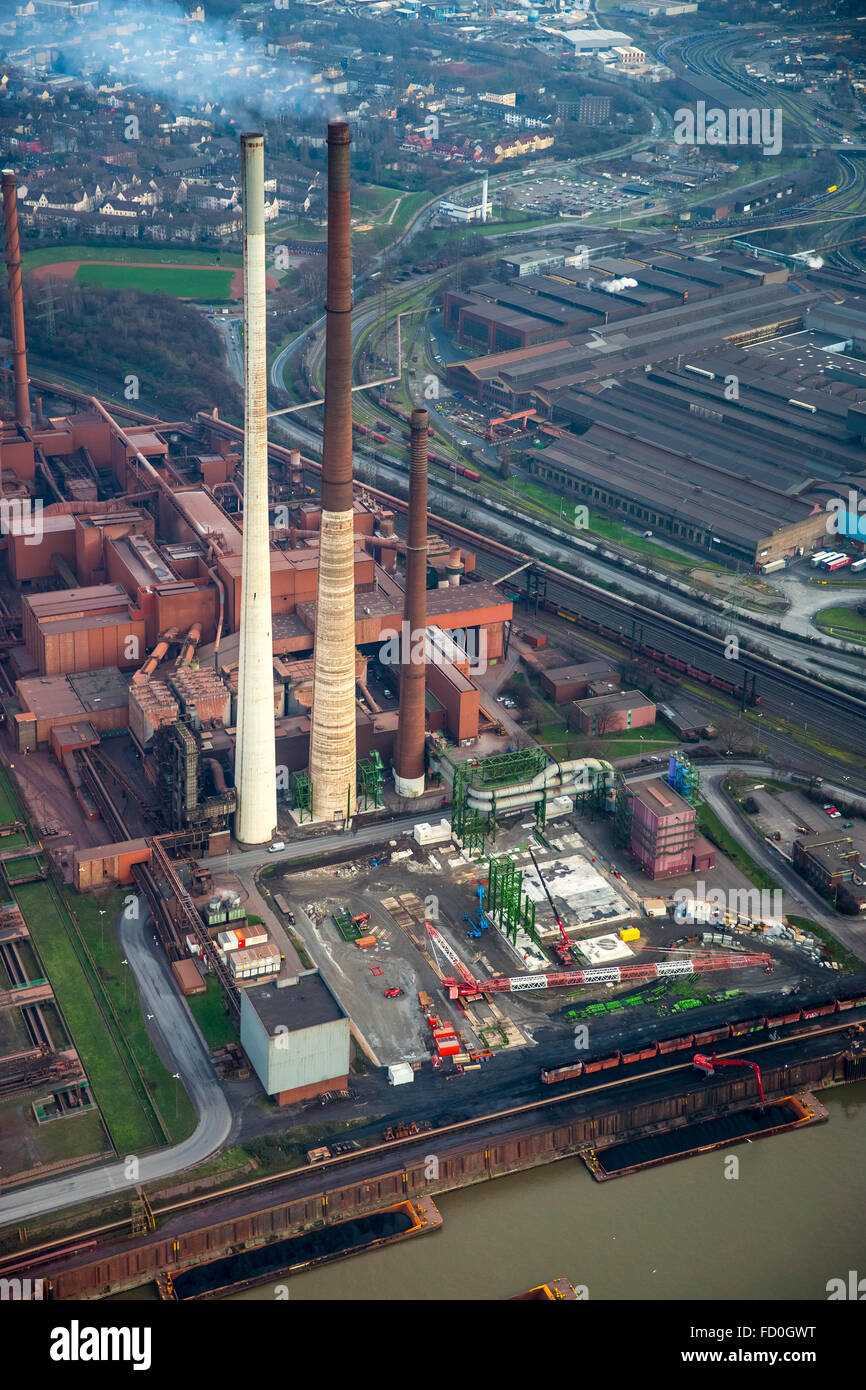 Vue aérienne, ThyssenKrupp Steel, l'usine de fabrication d'Schwelgern cheminées, Steel Mill Duisburg Marxloh, Duisburg, Ruhr, Banque D'Images