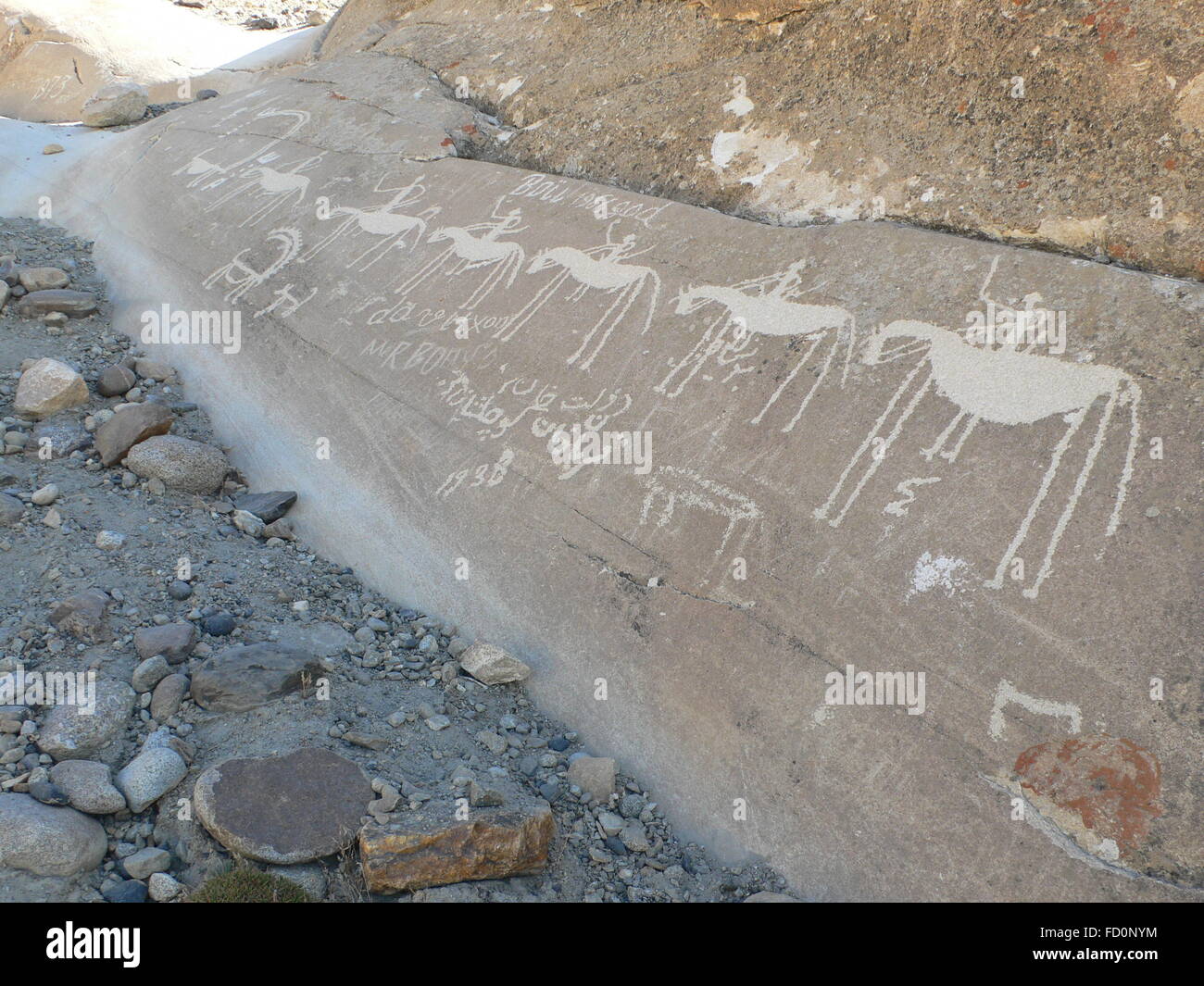 Petroglifs Langar dans village de la vallée de Wakhan dans le Pamir, au Tadjikistan. Banque D'Images