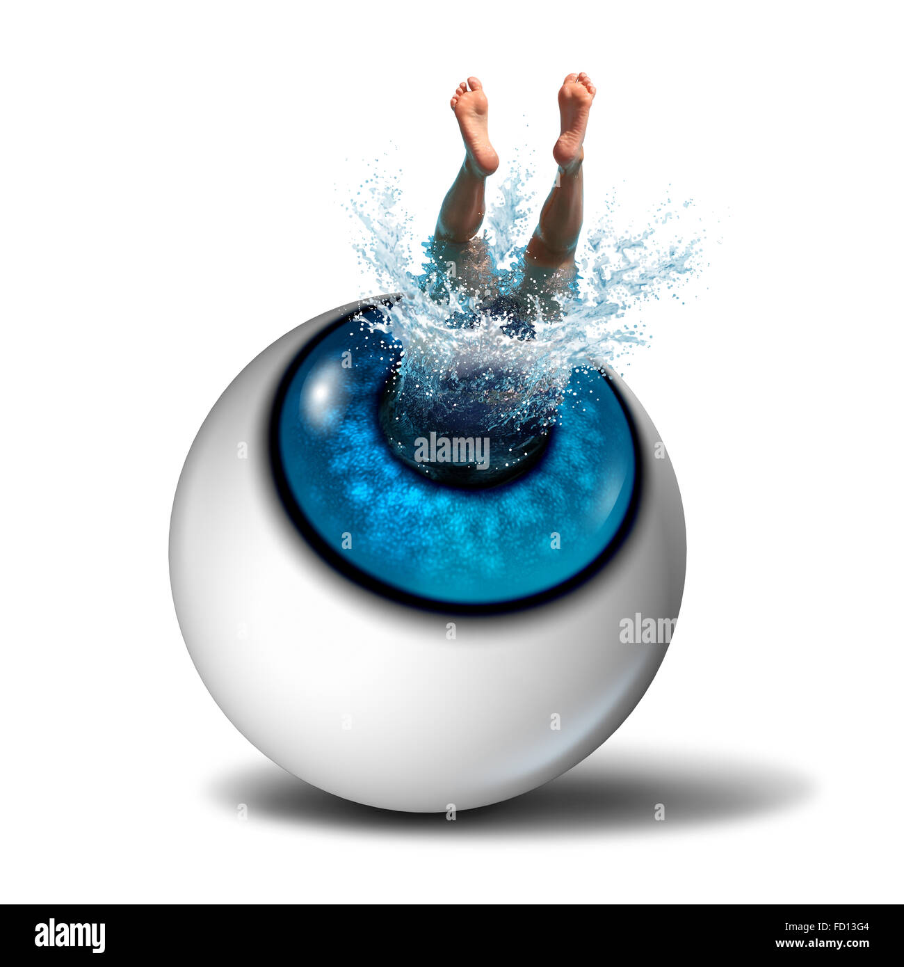 La pensée créative Concept et vision commune comme symbole d'une entreprise comme une icône personne making a splash en plongeant dans un œil humain comme Banque D'Images