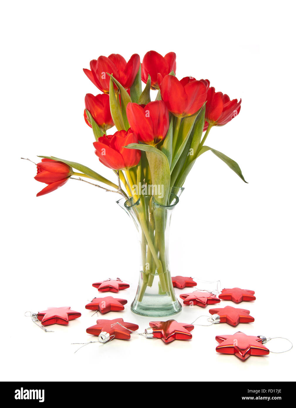 Des tulipes rouges sur fond blanc d'étoiles rouges Banque D'Images