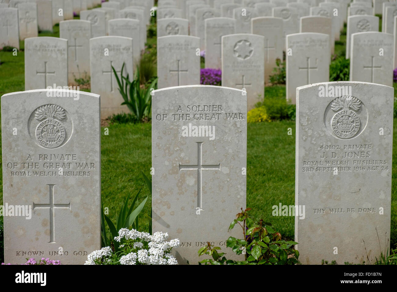 Pierres tombales au cimetière du Bois Delville, Longueval, Somme, France. Banque D'Images