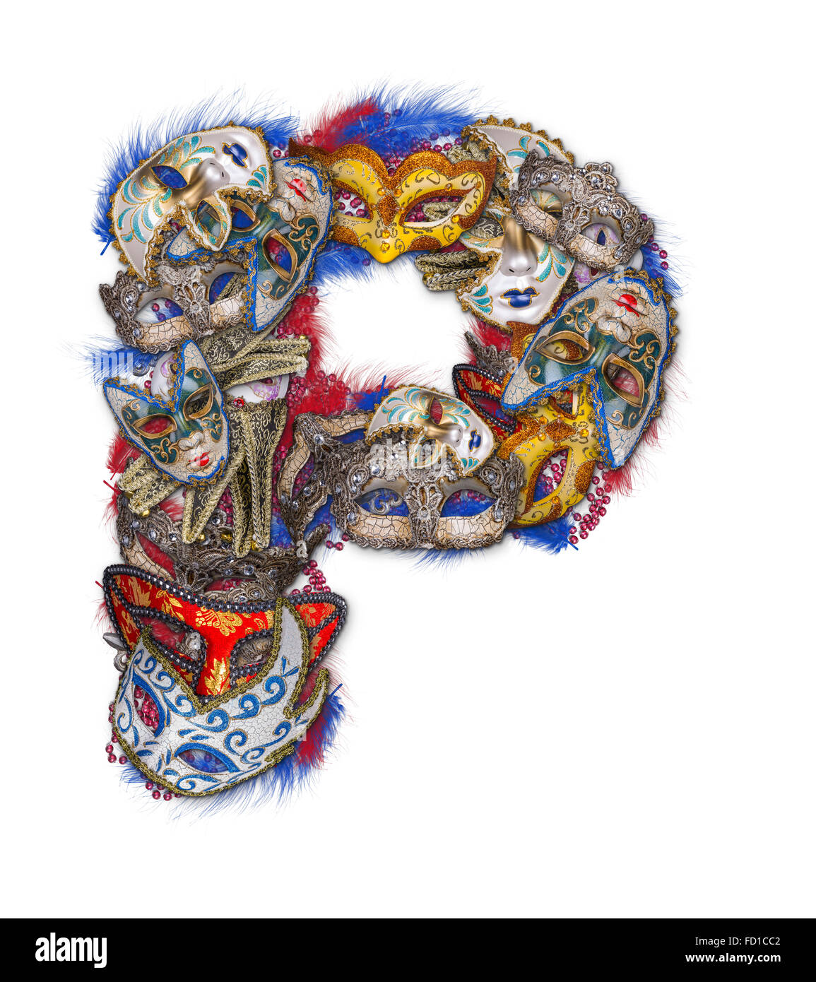 Lettre P faite de plumes et masque de carnaval Banque D'Images