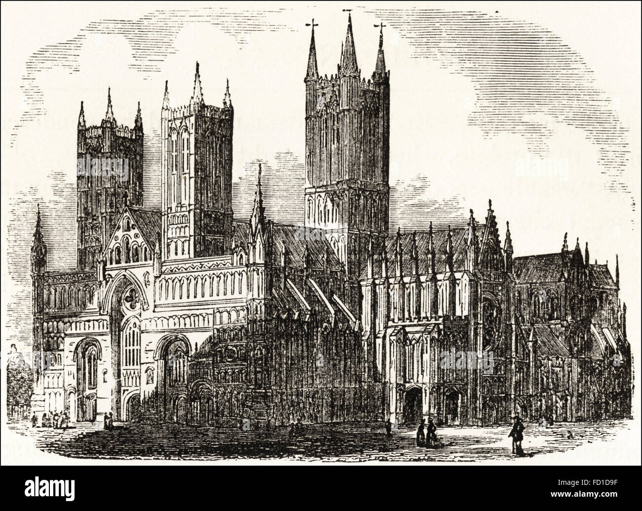 Voir la cathédrale de Lincoln. La gravure sur bois victorien circa 1845. Banque D'Images