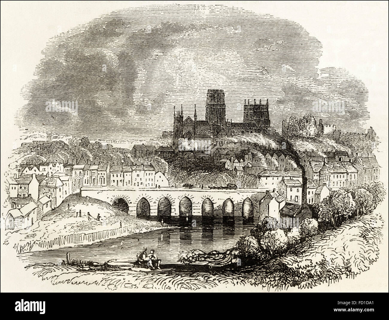 Vue de la cathédrale de Durham sur la rivière Port & Elvet Pont. La gravure sur bois victorien circa 1845. Banque D'Images