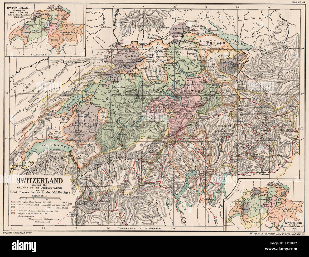 Croissance de la Suisse:passe médiéval utilisé.19/22 1815 carte 1902 Médiation cantons Banque D'Images