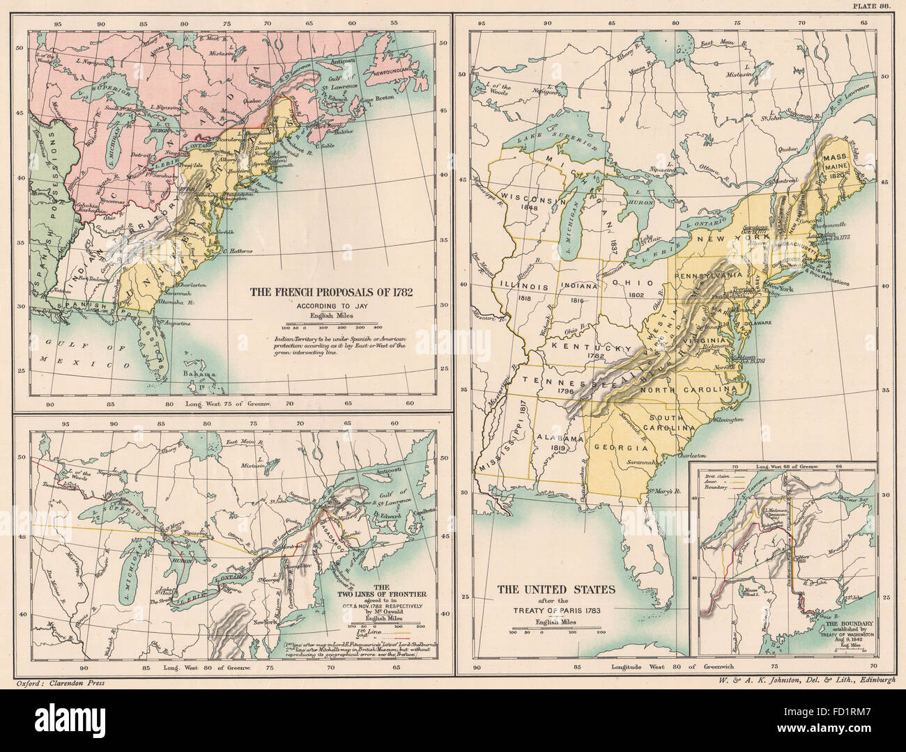 USA-TRAITÉ DE PARIS 1783 : propositions françaises 1782. Canada, 1842 Carte 1902 traité Banque D'Images