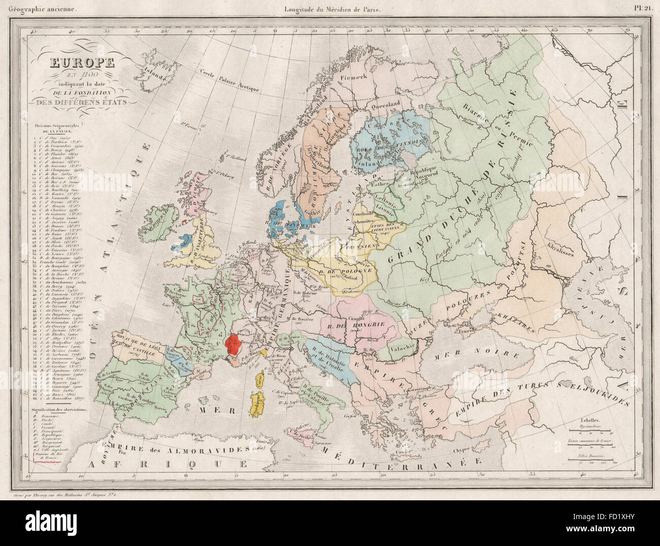 L'EUROPE EN 1100. montrant la date de création de chaque état. MALTE-BRUN, c1846 la carte Banque D'Images