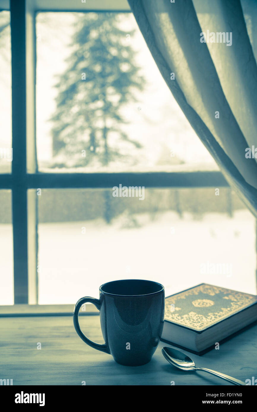 Accueil chaleureux et la vie toujours de grande tasse de café et réservez nouveau fenêtre après la tempête de neige Banque D'Images