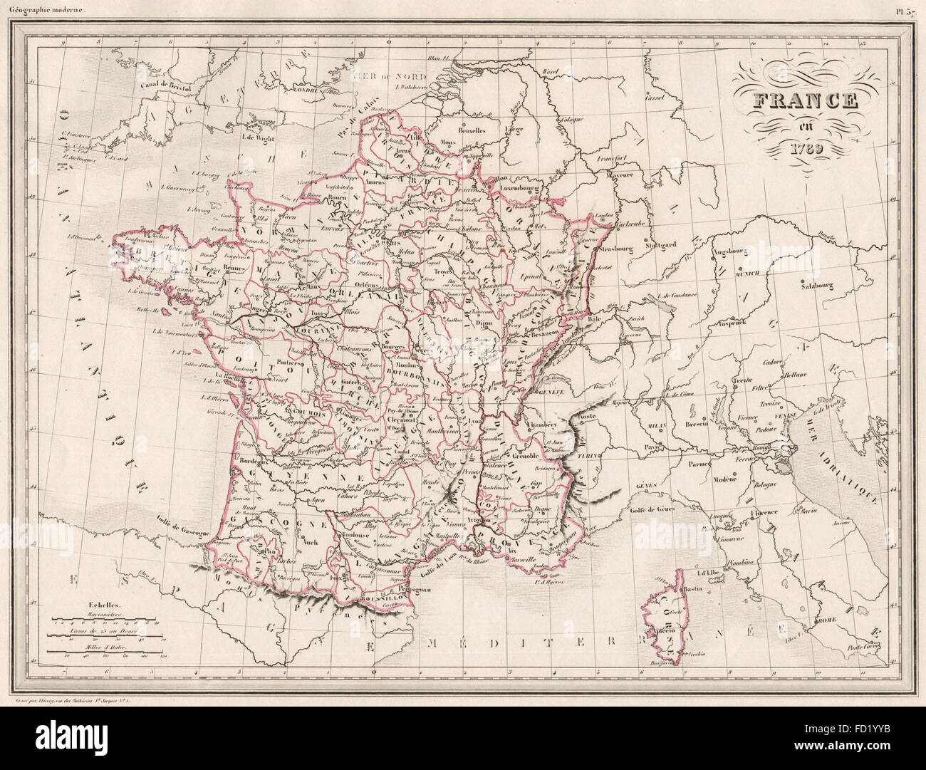 La France en 1789. Contour original couleur. Les provinces. MALTE-BRUN, c1846 carte ancienne Banque D'Images