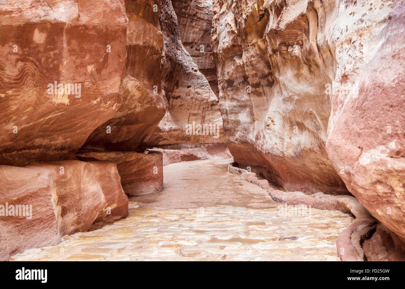 Le Siq, l'encoche étroite-canyon qui sert de couloir d'entrée à la ville cachée de Petra, Jordanie, Banque D'Images