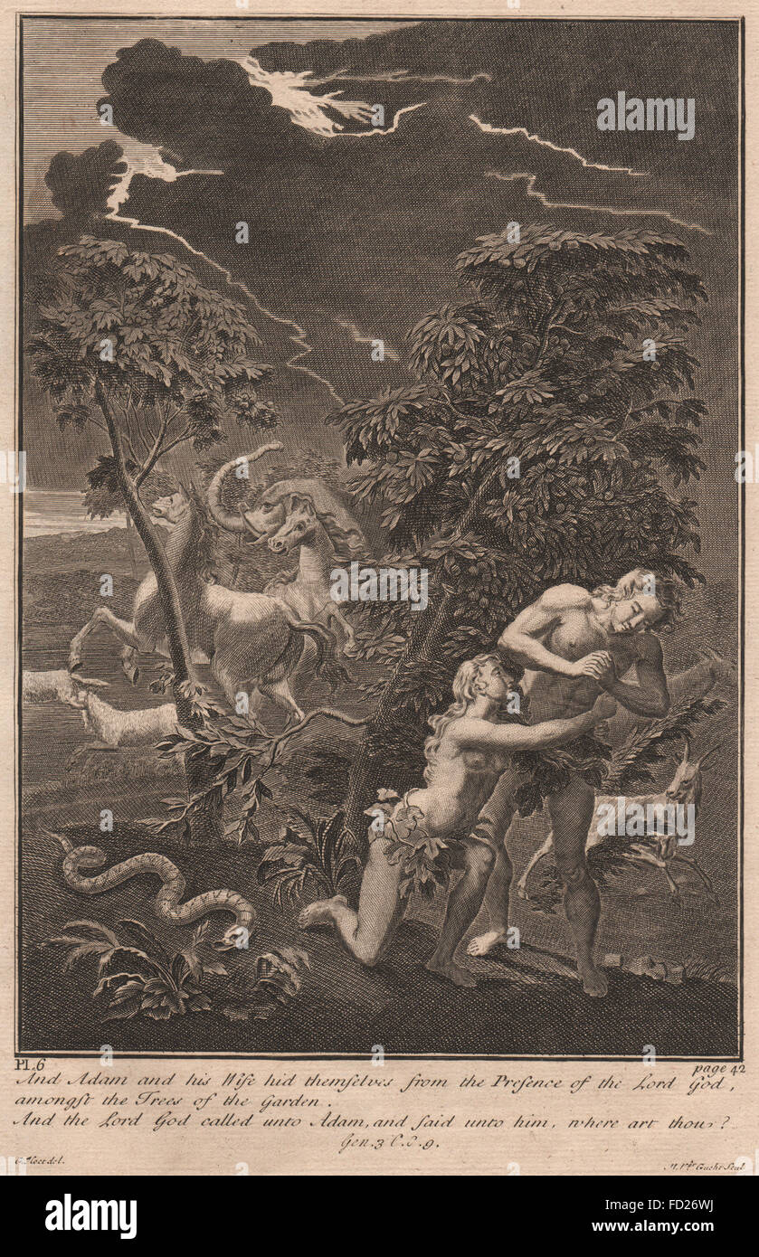 BIBLE : Genèse 3:9 Adam et sa femme se cachèrent loin de la face de l'Éternel Dieu, 1752 Banque D'Images