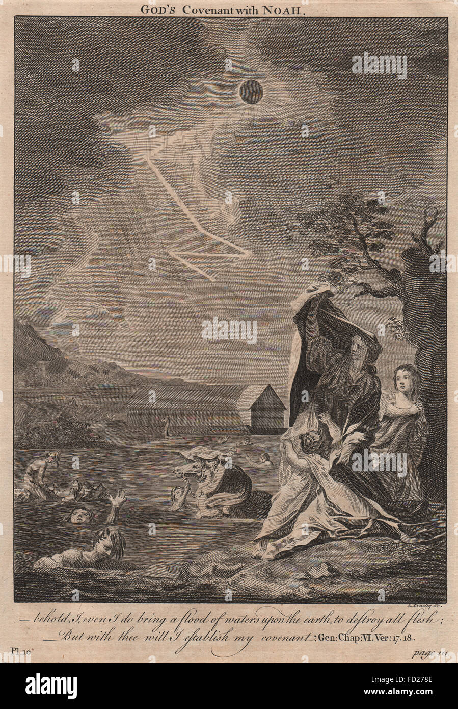 BIBLE : Genèse 6:17-18 l'Alliance de Dieu avec Noé, antique print 1752 Banque D'Images