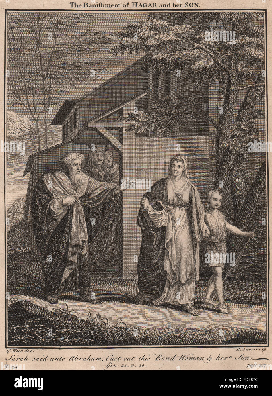 BIBLE : Genèse 21:10 le bannissement d'agar et de son fils, antique print 1752 Banque D'Images