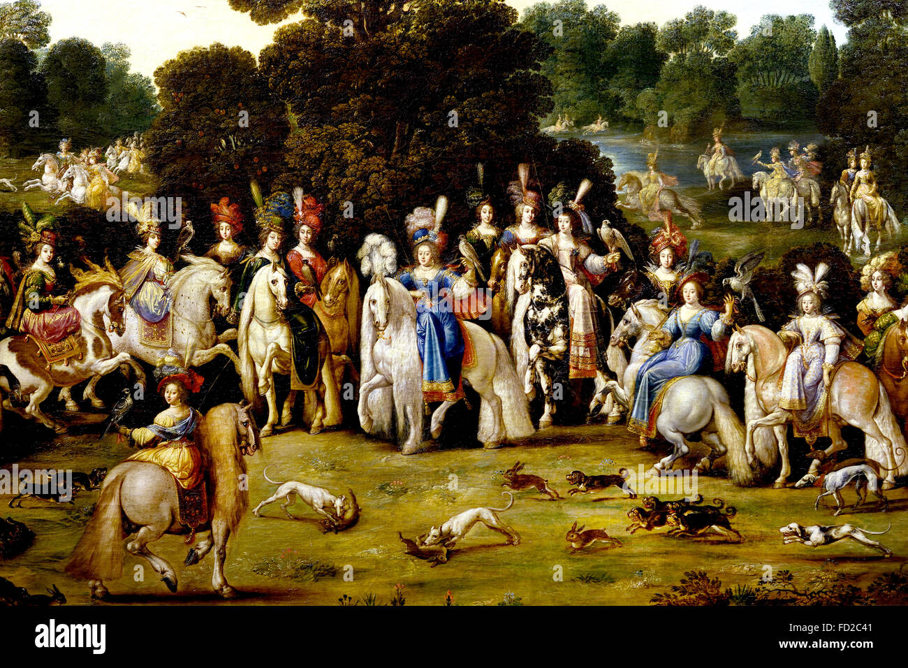 IIntended pour décorer le bureau de la Reine Anne d'Autriche, Richelieu château Deruet 1588-1660 France Français française ( l'air (ou 'Autumn'). C'est le premier tableau de la série, acquis par Richelieu, les trois autres sont arrivés plus tard. Il représente la Duchesse de Lorraine accompagnée de mesdames cour lors d'un faucon de chasse. C'est le seul qui n'est pas consacrée à la gloire de la famille royale. ) Banque D'Images