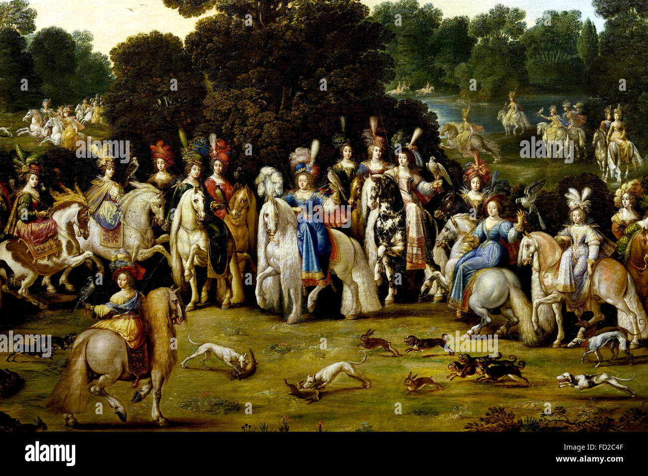 InIntended pour décorer le bureau de la Reine Anne d'Autriche, Richelieu château Deruet 1588-1660 France Français française ( l'air (ou 'Autumn'). C'est le premier tableau destiné à décorer le bureau de la Reine Anne d'Autriche, Richelieu château Deruet 1588-1660 France Français française ( l'air (ou 'Autumn'). C'est le premier tableau de la série, acquis par Richelieu, les trois autres sont arrivés plus tard. Il représente la Duchesse de Lorraine accompagnée de mesdames cour lors d'un faucon de chasse. C'est le seul qui n'est pas consacrée à la gloire de la famille royale. ) Banque D'Images