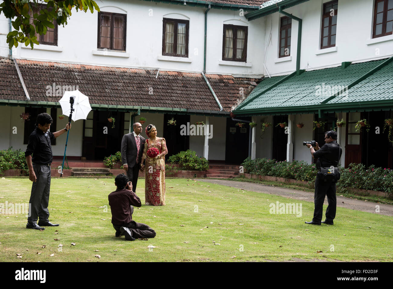 Un couple de mariés hindous photographié par un photographe de mariage et ses assistances dans les jardins botaniques de Peradeniya, 5,5km à l'ouest de Kandy in Banque D'Images
