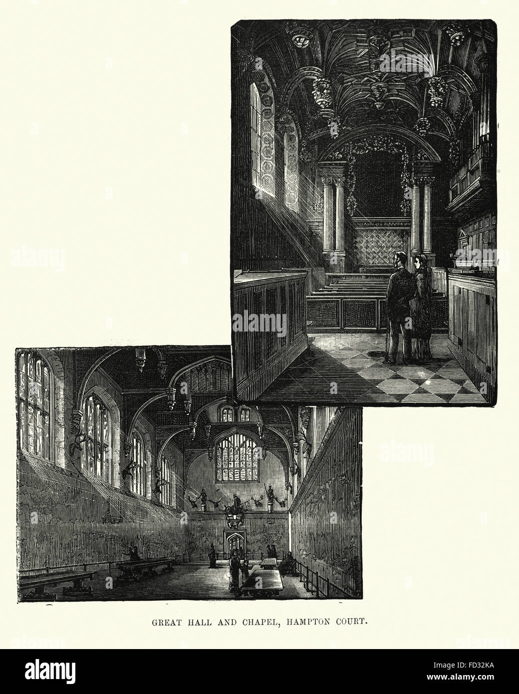 Vintage gravure d'Hampton Court Palace Grand Hall et la chapelle, Londres, Angleterre. 1893. Banque D'Images