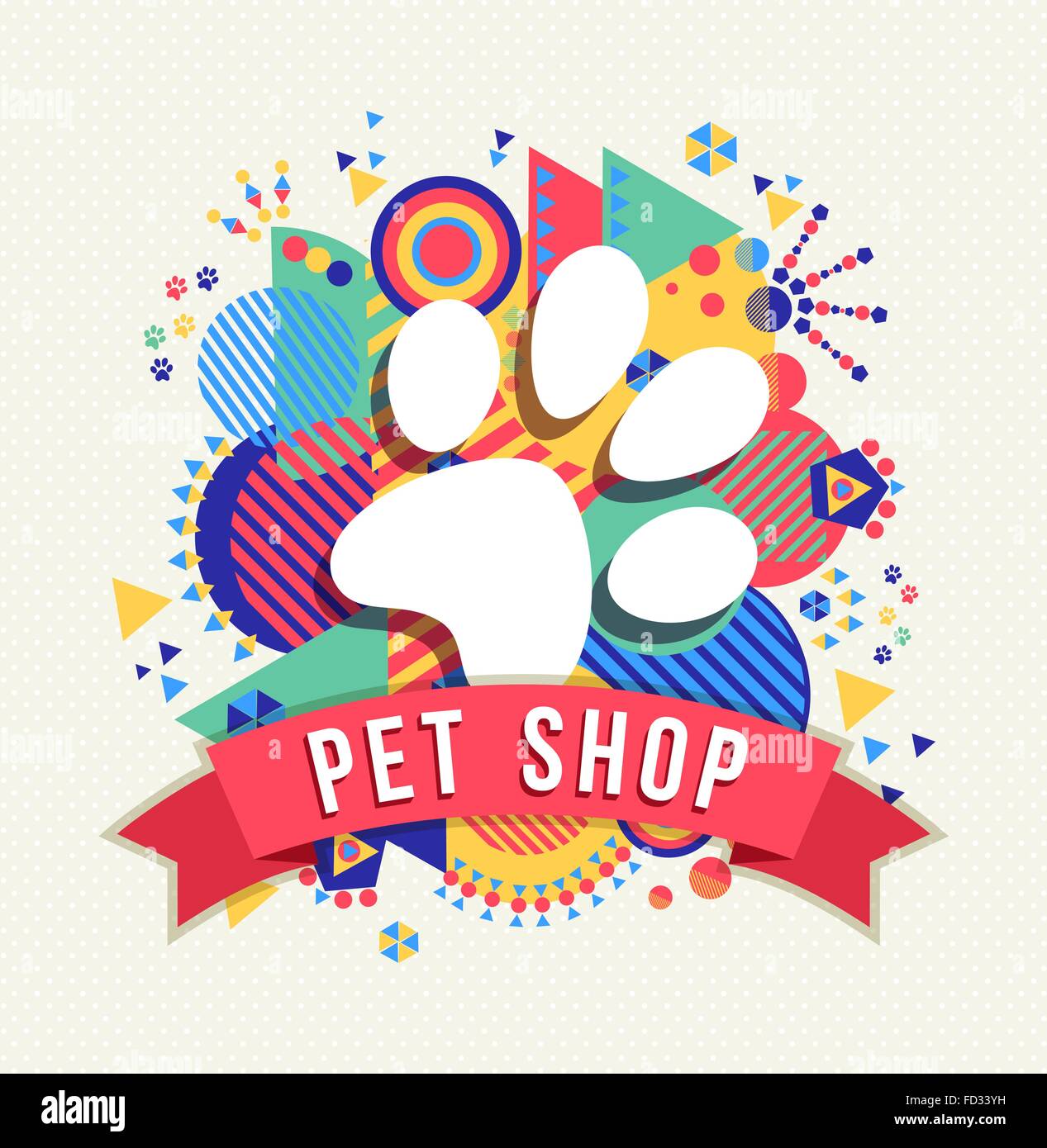 Pet Shop logo, icône de la patte de chien concept design avec étiquette de texte et d'arrière-plan coloré de forme géométrique. Vecteur EPS10. Illustration de Vecteur