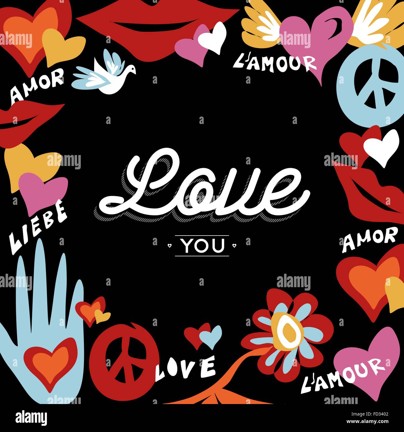 Valentines Day design avec Love you text quote dans plusieurs langues et rétro décoration hippie. Vecteur EPS10. Illustration de Vecteur